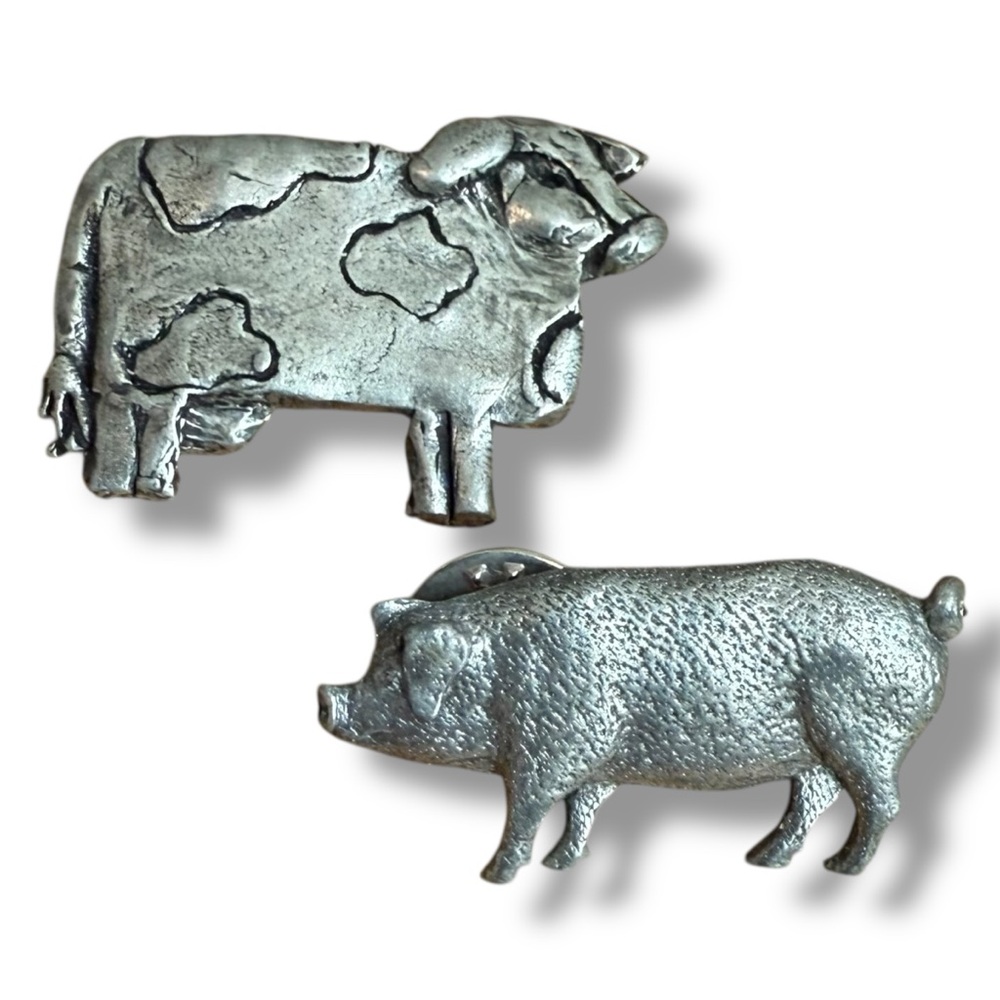 Vtg 90s Silver pewter Cow and Pig Brooch Set GG Harris signed 1993 farm farmer
